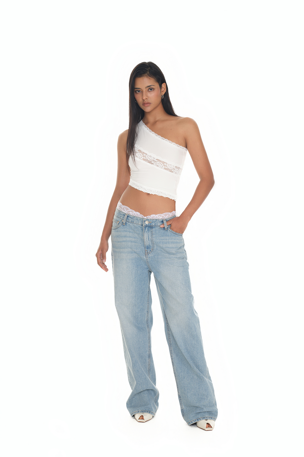 LACE PANEL ONE SHOULDER TOP (WHITE)