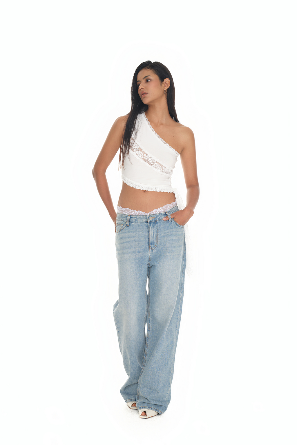 LACE PANEL ONE SHOULDER TOP (WHITE)