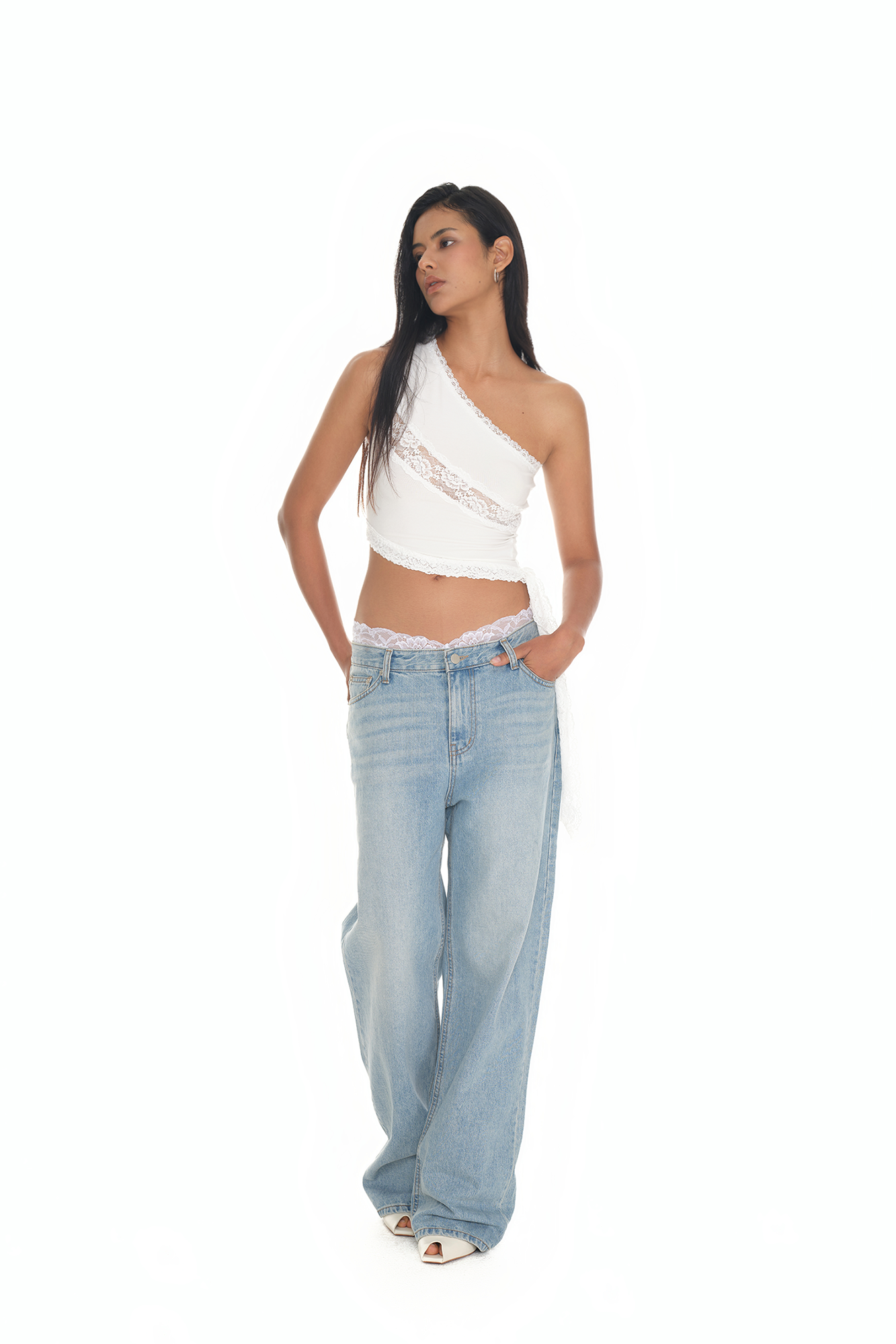 LACE PANEL ONE SHOULDER TOP (WHITE)