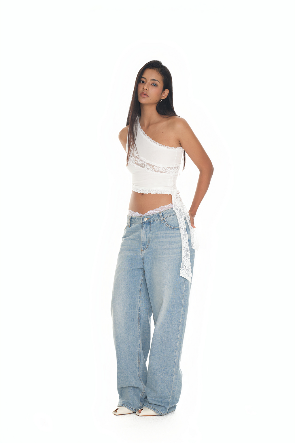 LACE PANEL ONE SHOULDER TOP (WHITE)