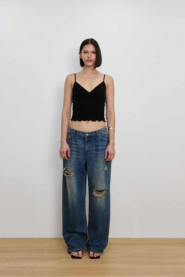 LACE RIBBED CAMI TOP (BLACK)