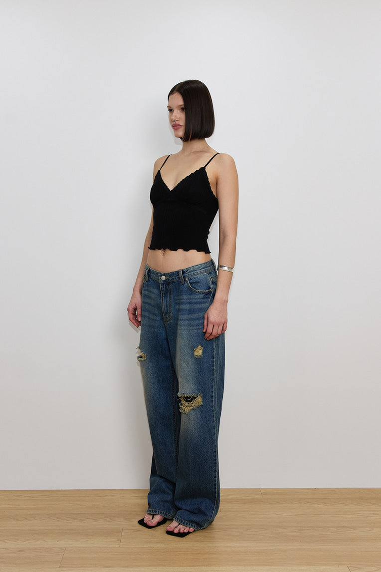 LACE RIBBED CAMI TOP (BLACK)