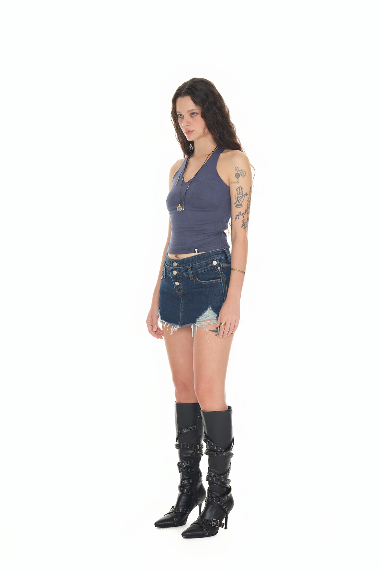 LAYERED WAIST DENIM SKIRT PANTS (BLUE)