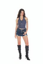 LAYERED WAIST DENIM SKIRT PANTS (BLUE)