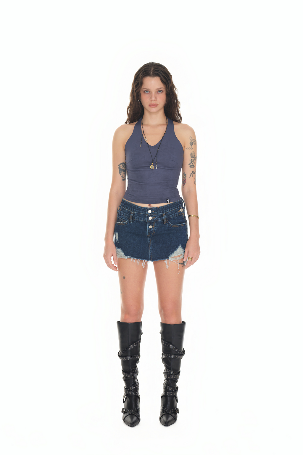 LAYERED WAIST DENIM SKIRT PANTS (BLUE)