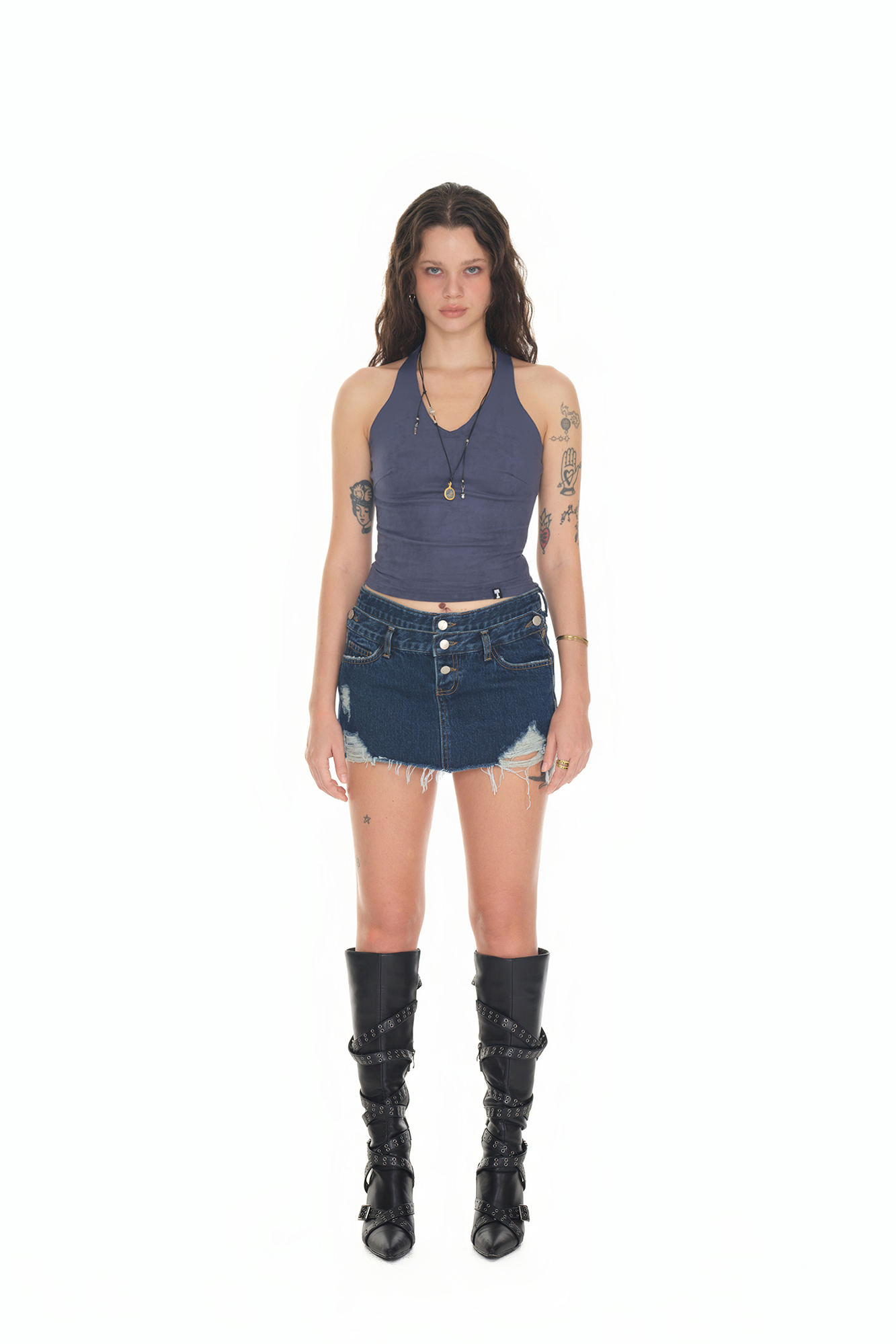 LAYERED WAIST DENIM SKIRT PANTS (BLUE)