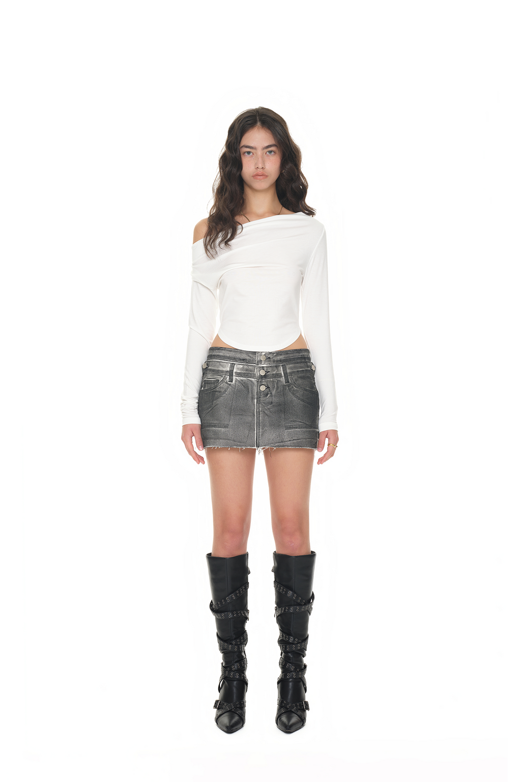LAYERED WAIST DENIM SKIRT PANTS (WASHED BLACK)