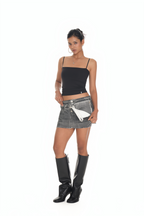 LAYERED WAIST DENIM SKIRT PANTS (WASHED BLACK)