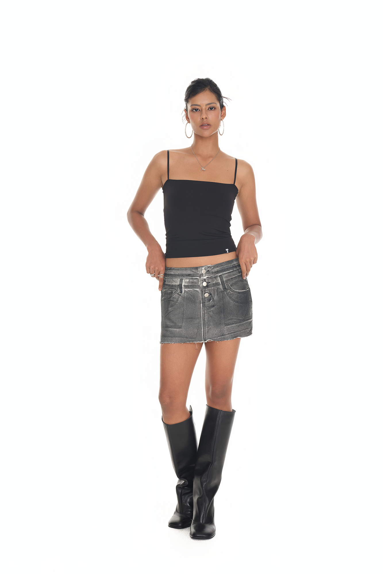 LAYERED WAIST DENIM SKIRT PANTS (WASHED BLACK)