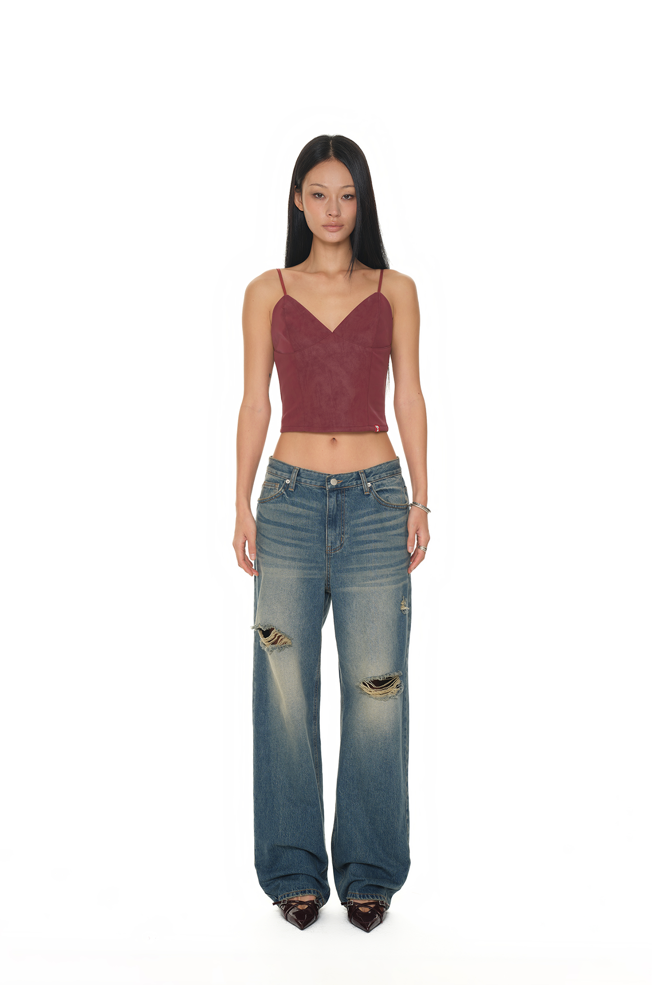 LOW RISE LOOSE-FIT DAMAGED JEANS (VINTAGE BLUE)