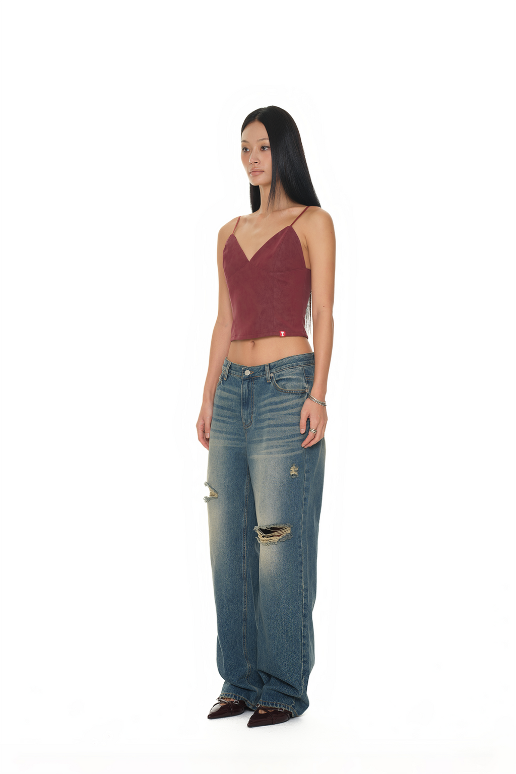 LOW RISE LOOSE-FIT DAMAGED JEANS (VINTAGE BLUE)