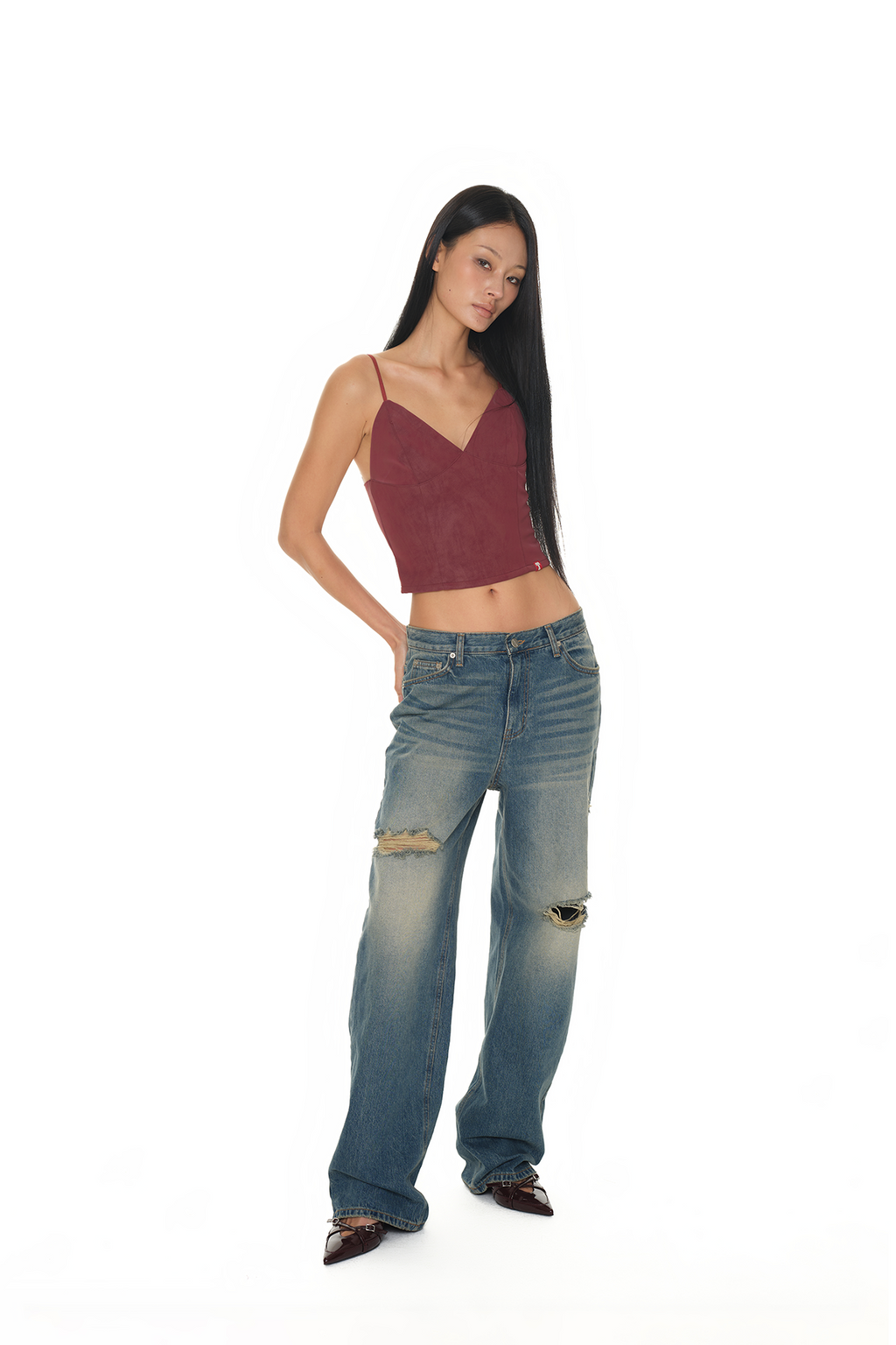 LOW RISE LOOSE-FIT DAMAGED JEANS (VINTAGE BLUE)