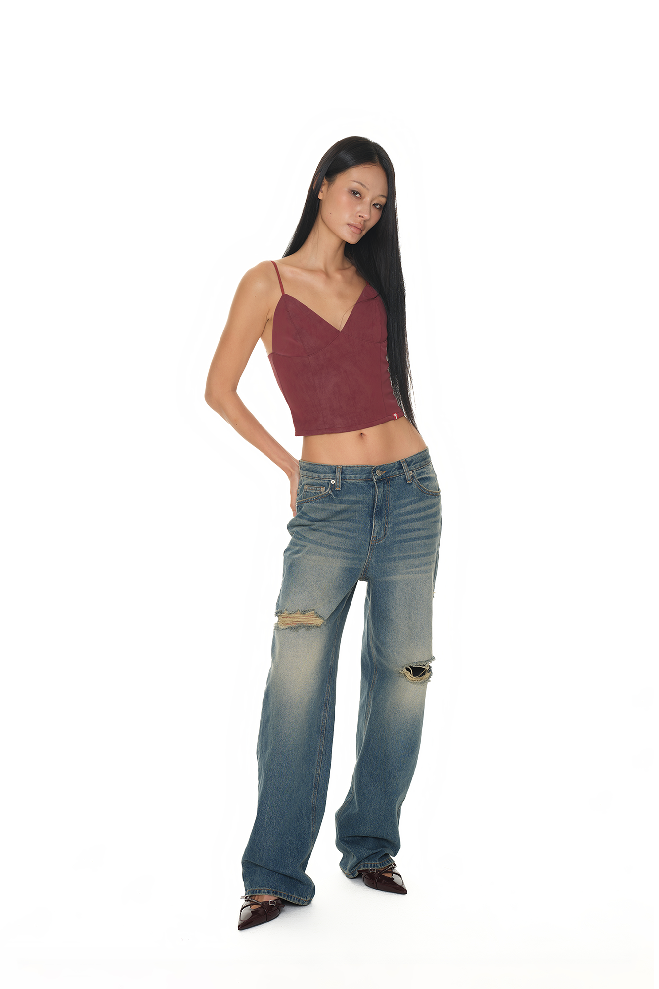 LOW RISE LOOSE-FIT DAMAGED JEANS (VINTAGE BLUE)