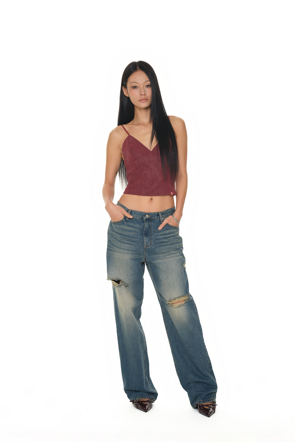 LOW RISE LOOSE-FIT DAMAGED JEANS (VINTAGE BLUE)