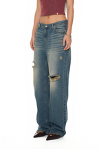 LOW RISE LOOSE-FIT DAMAGED JEANS (VINTAGE BLUE)