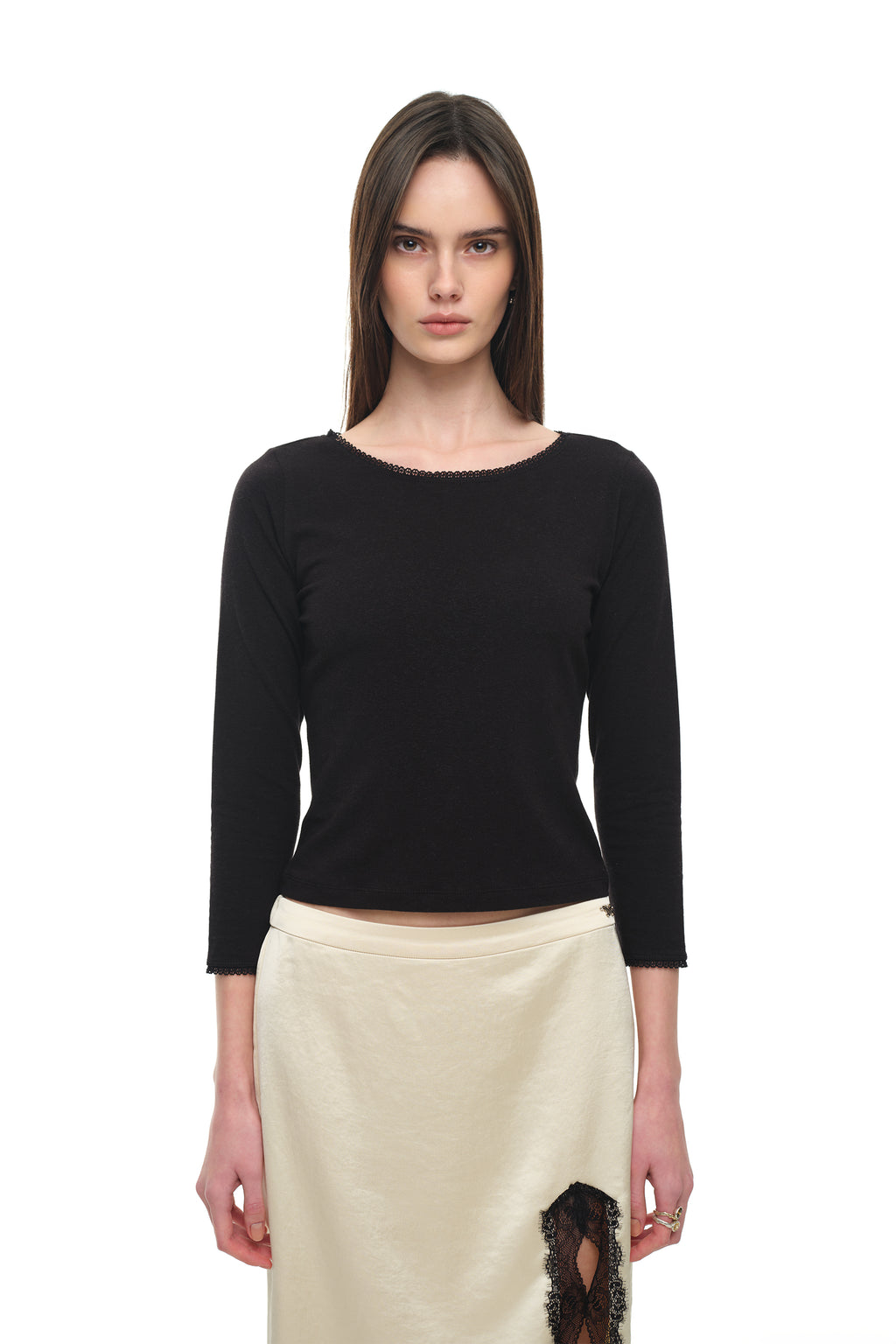 LACE THREE-QUARTER SLEEVE TOP (BLACK)