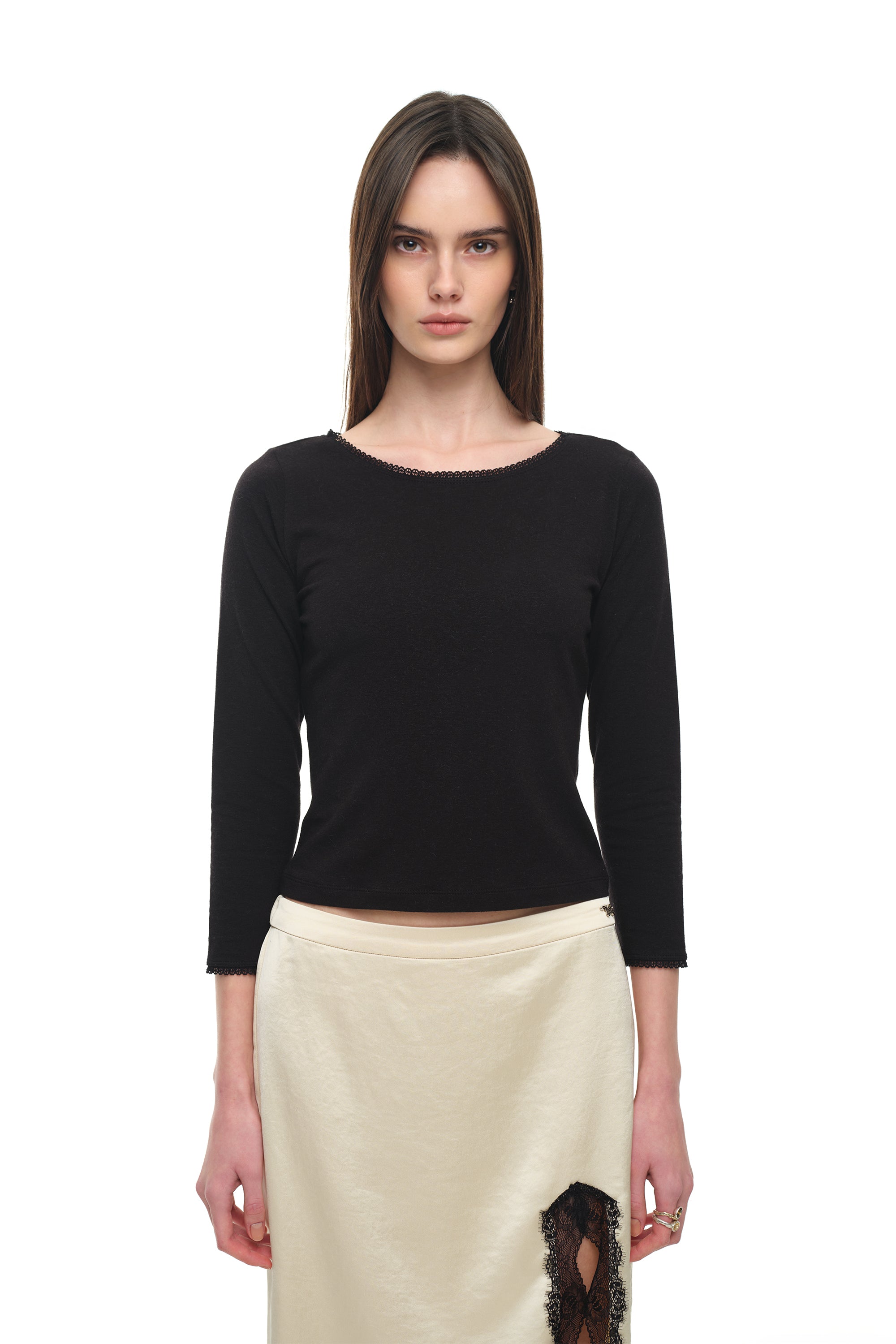 LACE THREE-QUARTER SLEEVE TOP (BLACK)