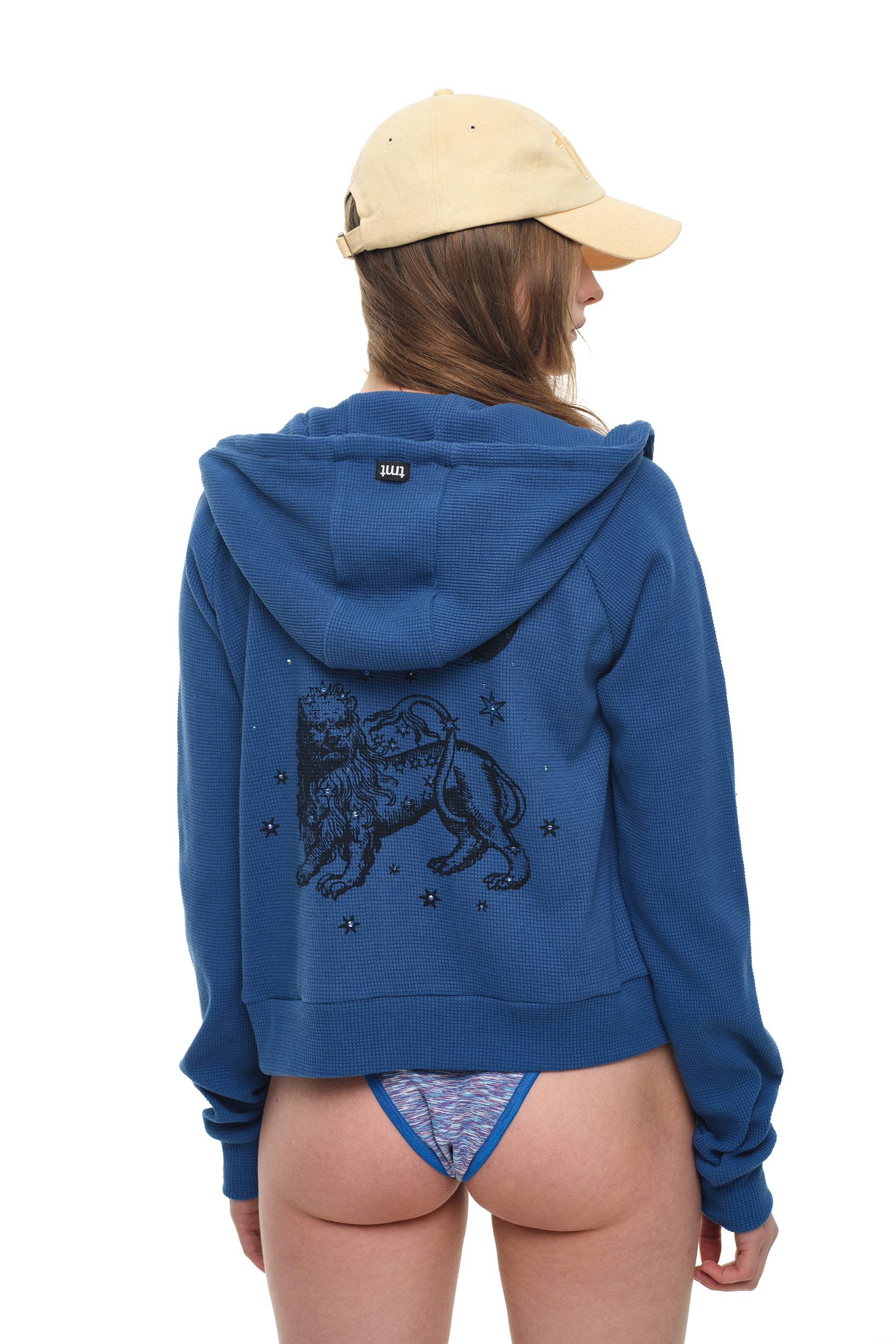 LEO HOTFIX CROP WAFFLE ZIP-UP HOODIE (BLUE)
