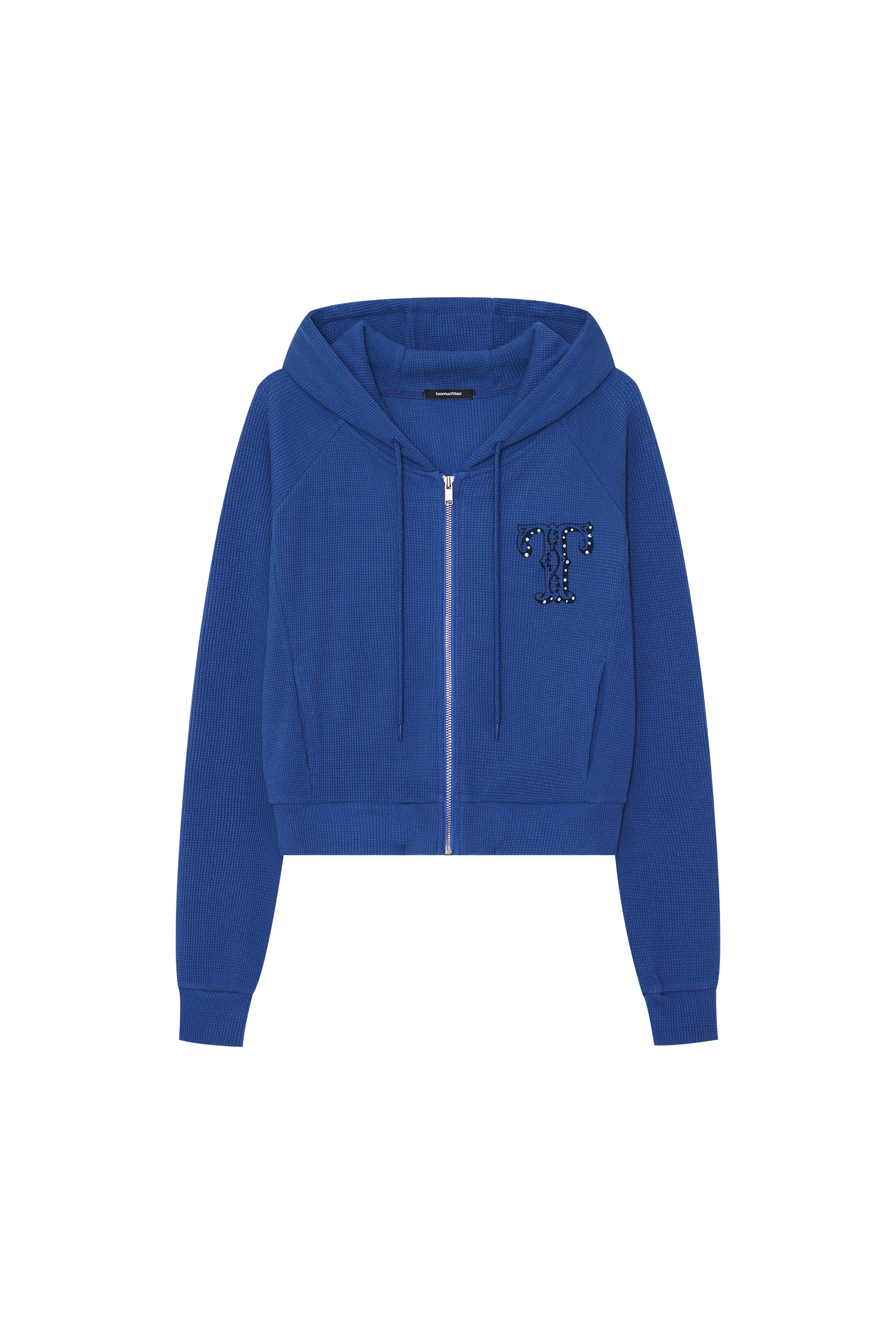 LEO HOTFIX CROP WAFFLE ZIP-UP HOODIE (BLUE)