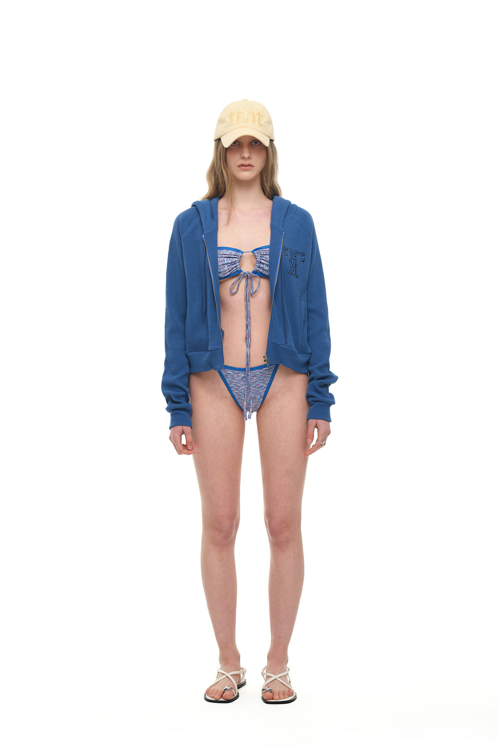 LEO HOTFIX CROP WAFFLE ZIP-UP HOODIE (BLUE)
