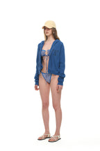 LEO HOTFIX CROP WAFFLE ZIP-UP HOODIE (BLUE)