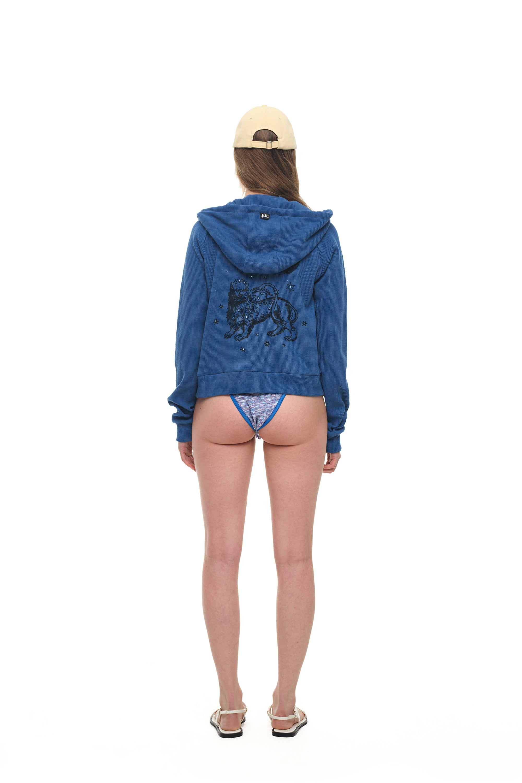 LEO HOTFIX CROP WAFFLE ZIP-UP HOODIE (BLUE)