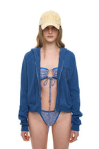 LEO HOTFIX CROP WAFFLE ZIP-UP HOODIE (BLUE)