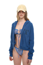 LEO HOTFIX CROP WAFFLE ZIP-UP HOODIE (BLUE)