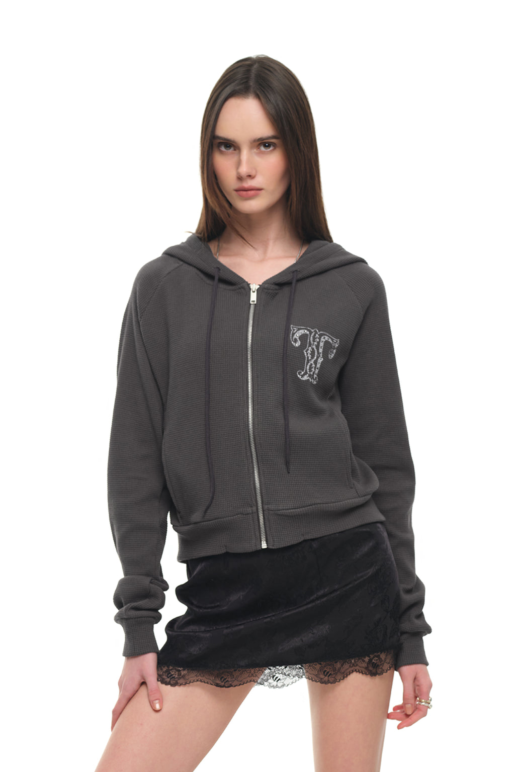 LEO HOTFIX CROP WAFFLE ZIP-UP HOODIE (CHARCOAL)