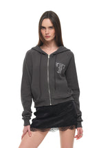 LEO HOTFIX CROP WAFFLE ZIP-UP HOODIE (CHARCOAL)