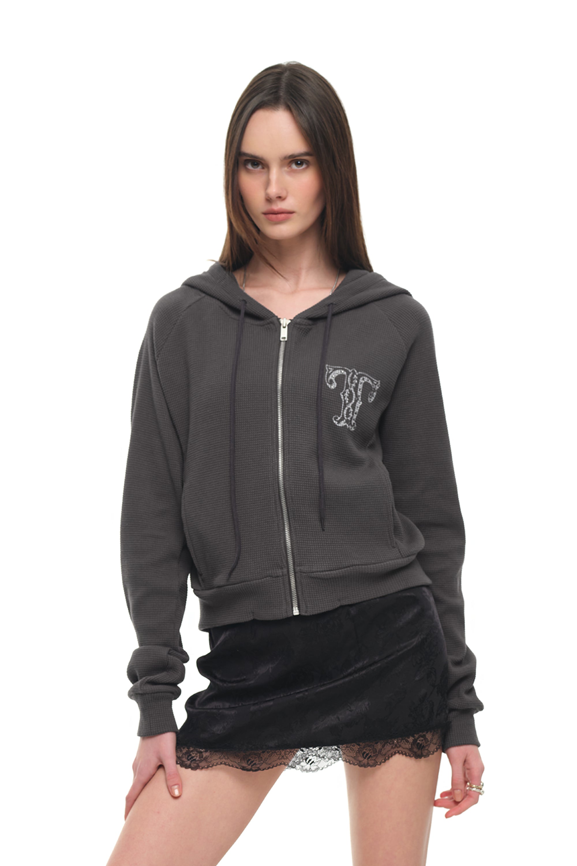 LEO HOTFIX CROP WAFFLE ZIP-UP HOODIE (CHARCOAL)