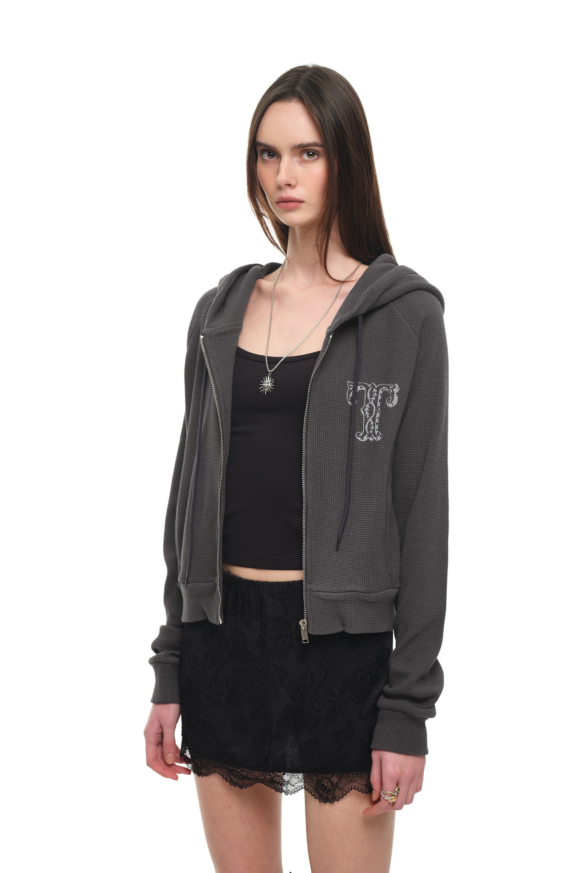 LEO HOTFIX CROP WAFFLE ZIP-UP HOODIE (CHARCOAL)