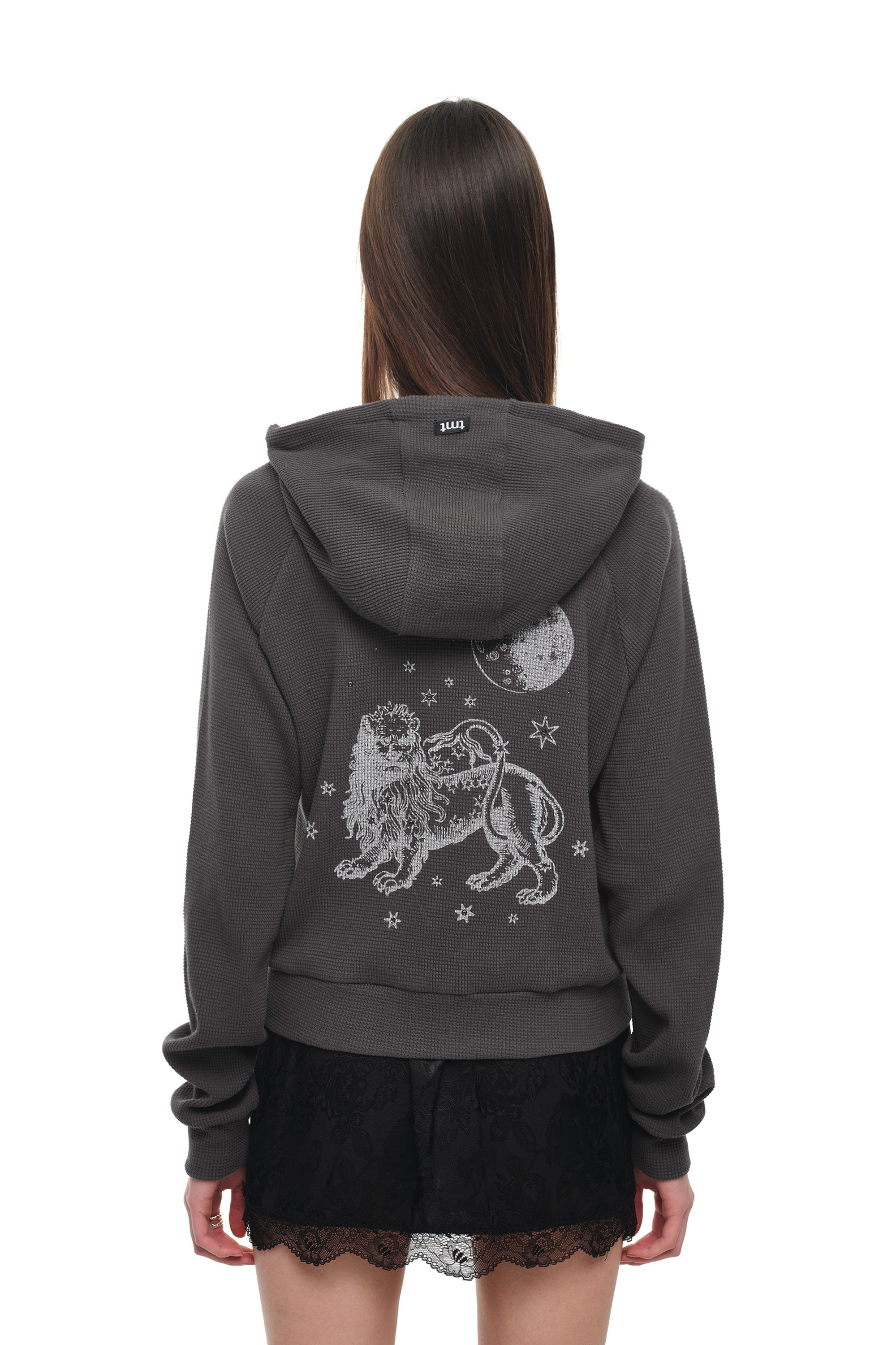 LEO HOTFIX CROP WAFFLE ZIP-UP HOODIE (CHARCOAL)