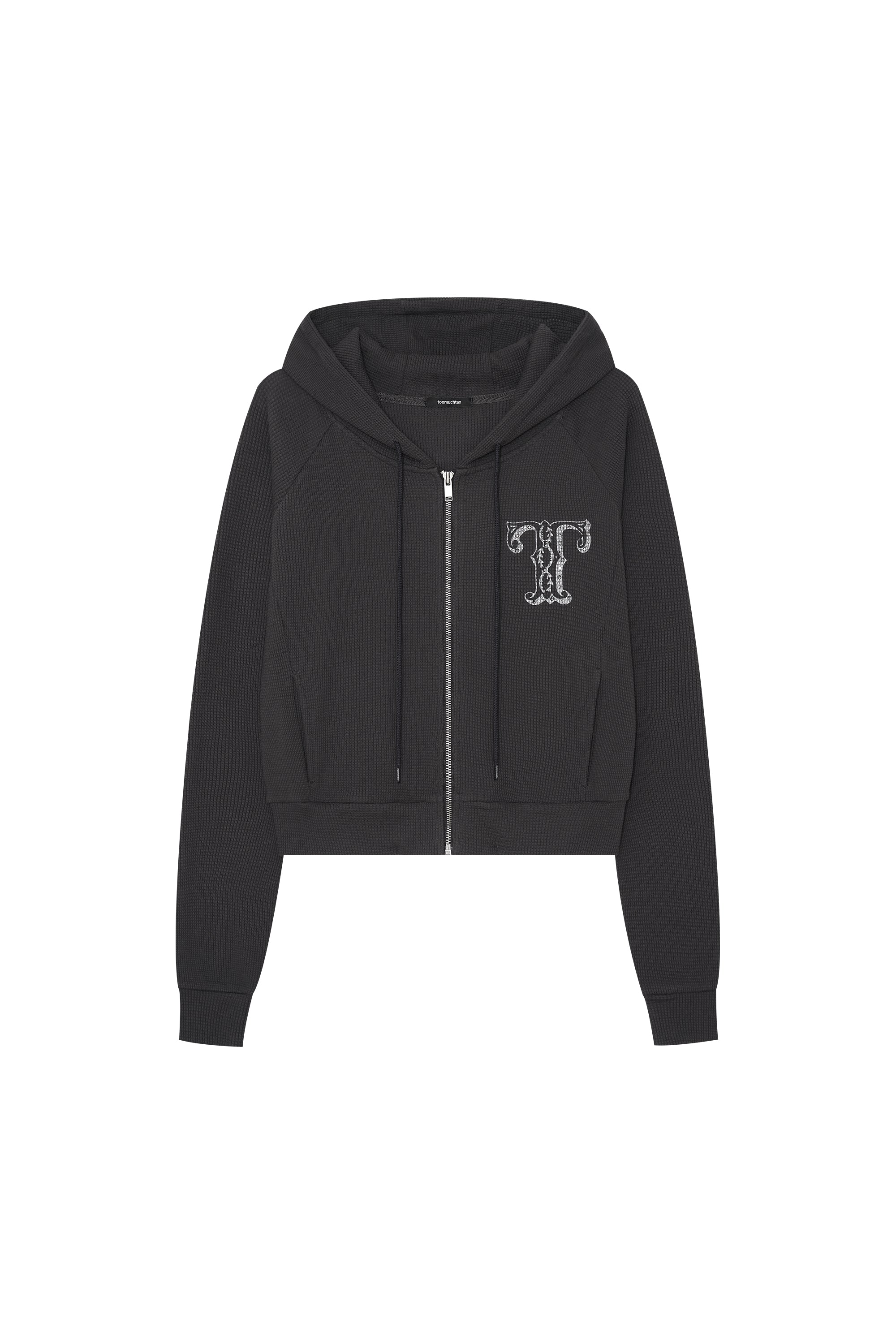 LEO HOTFIX CROP WAFFLE ZIP-UP HOODIE (CHARCOAL)