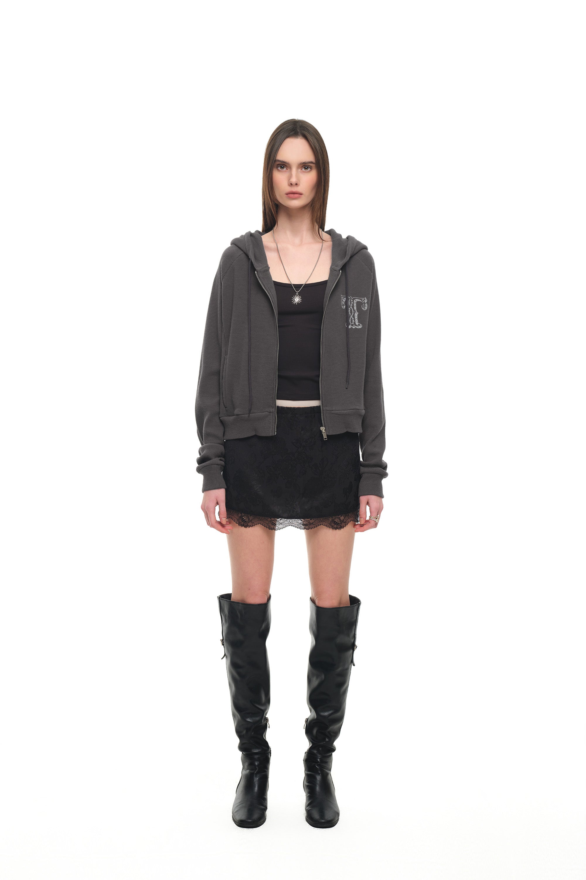 LEO HOTFIX CROP WAFFLE ZIP-UP HOODIE (CHARCOAL)