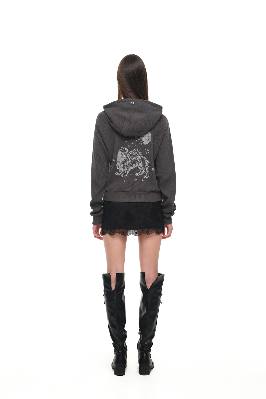 LEO HOTFIX CROP WAFFLE ZIP-UP HOODIE (CHARCOAL)