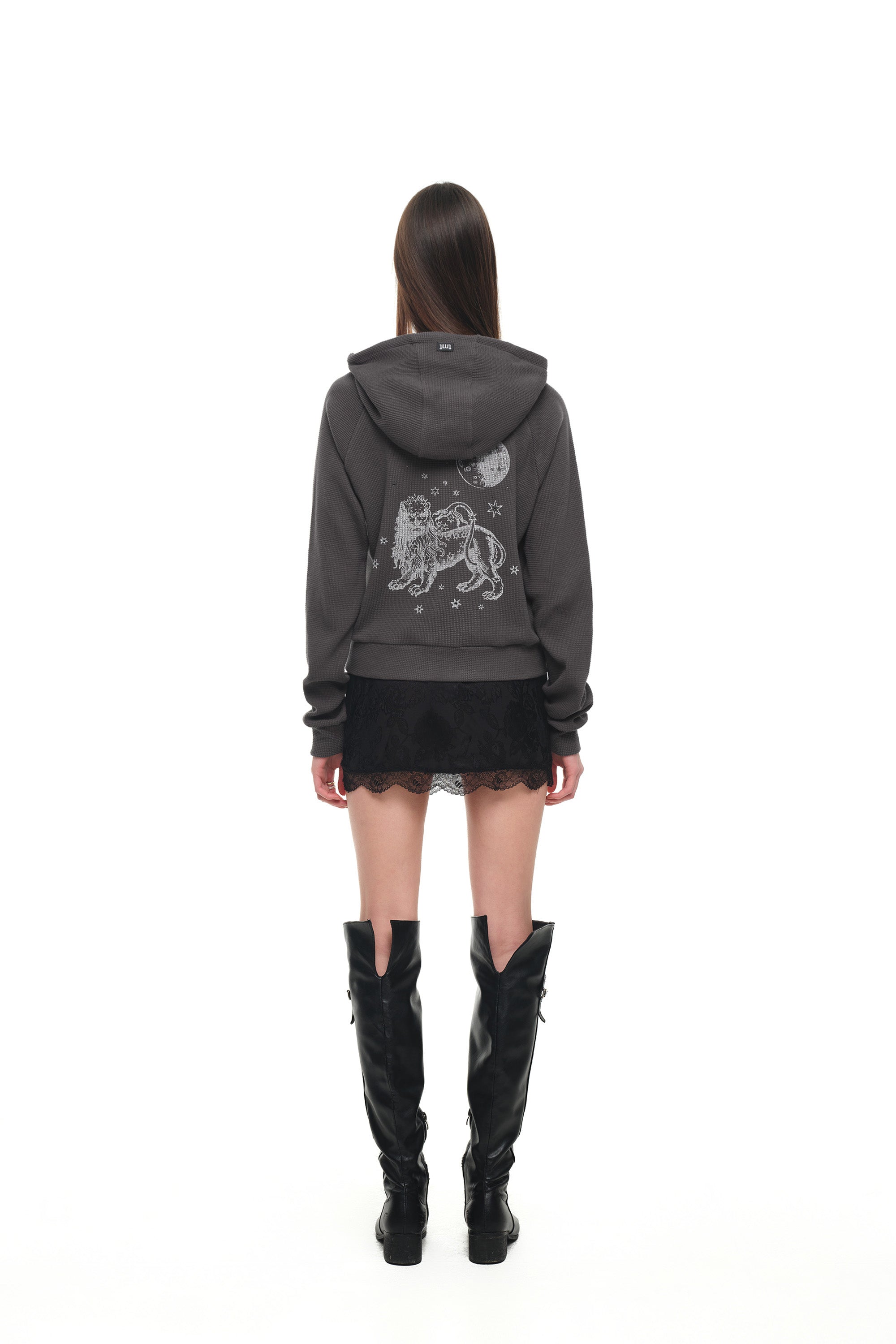 LEO HOTFIX CROP WAFFLE ZIP-UP HOODIE (CHARCOAL)