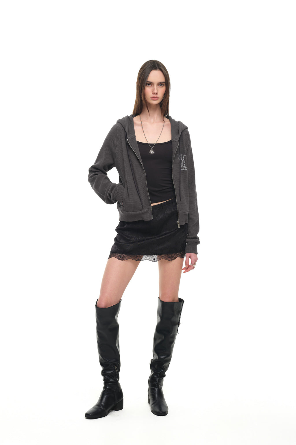 LEO HOTFIX CROP WAFFLE ZIP-UP HOODIE (CHARCOAL)