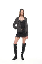 LEO HOTFIX CROP WAFFLE ZIP-UP HOODIE (CHARCOAL)