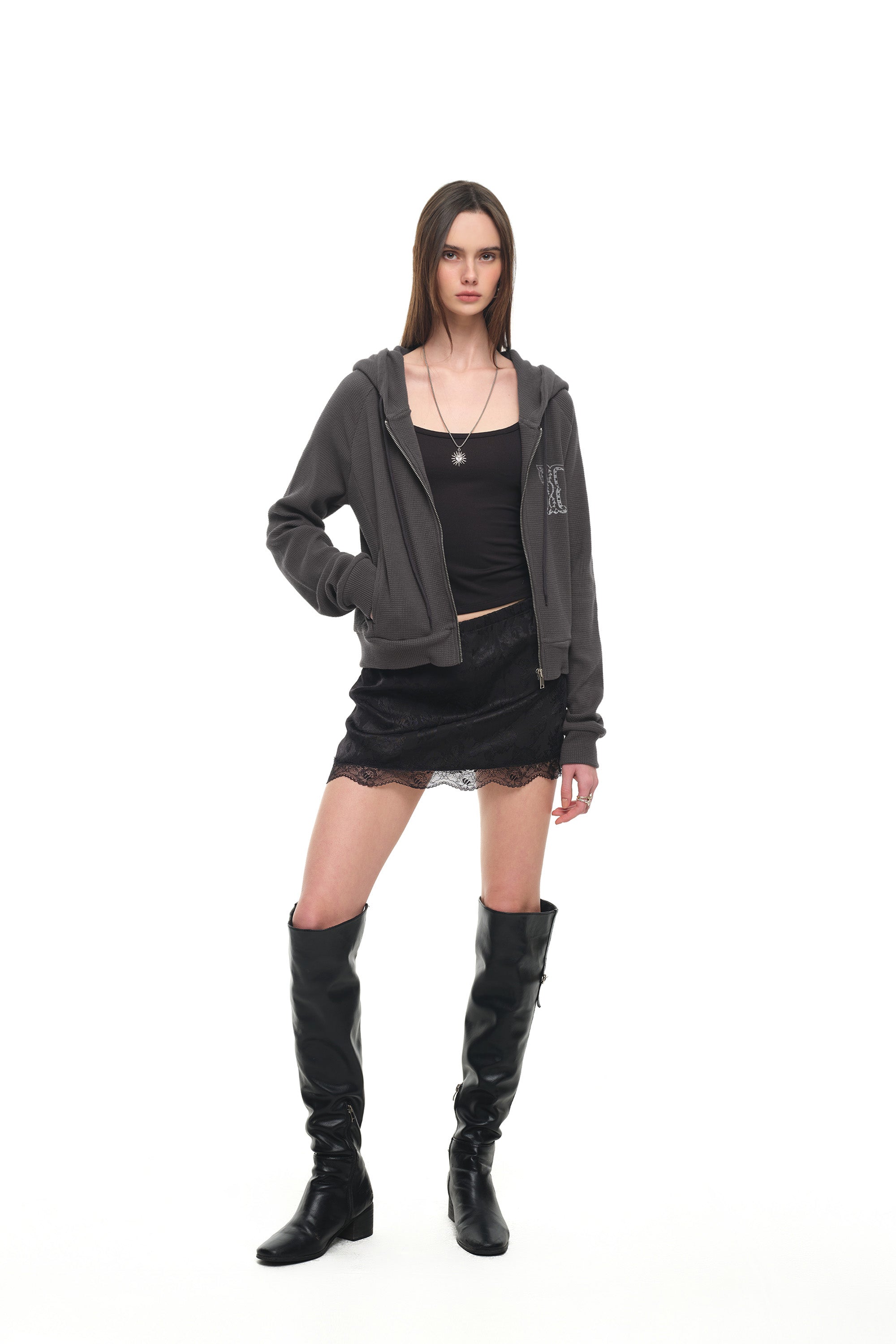 LEO HOTFIX CROP WAFFLE ZIP-UP HOODIE (CHARCOAL)