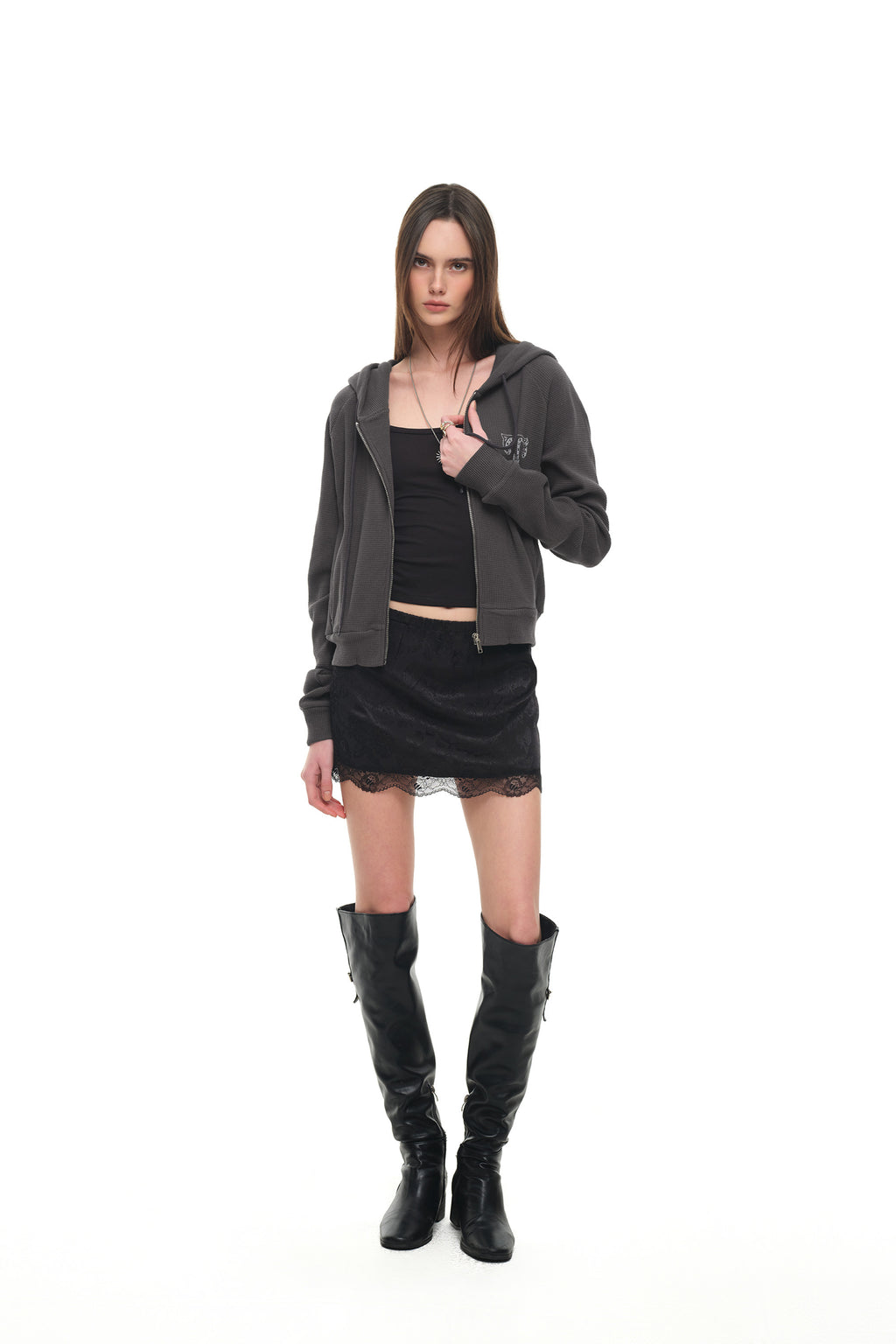 LEO HOTFIX CROP WAFFLE ZIP-UP HOODIE (CHARCOAL)