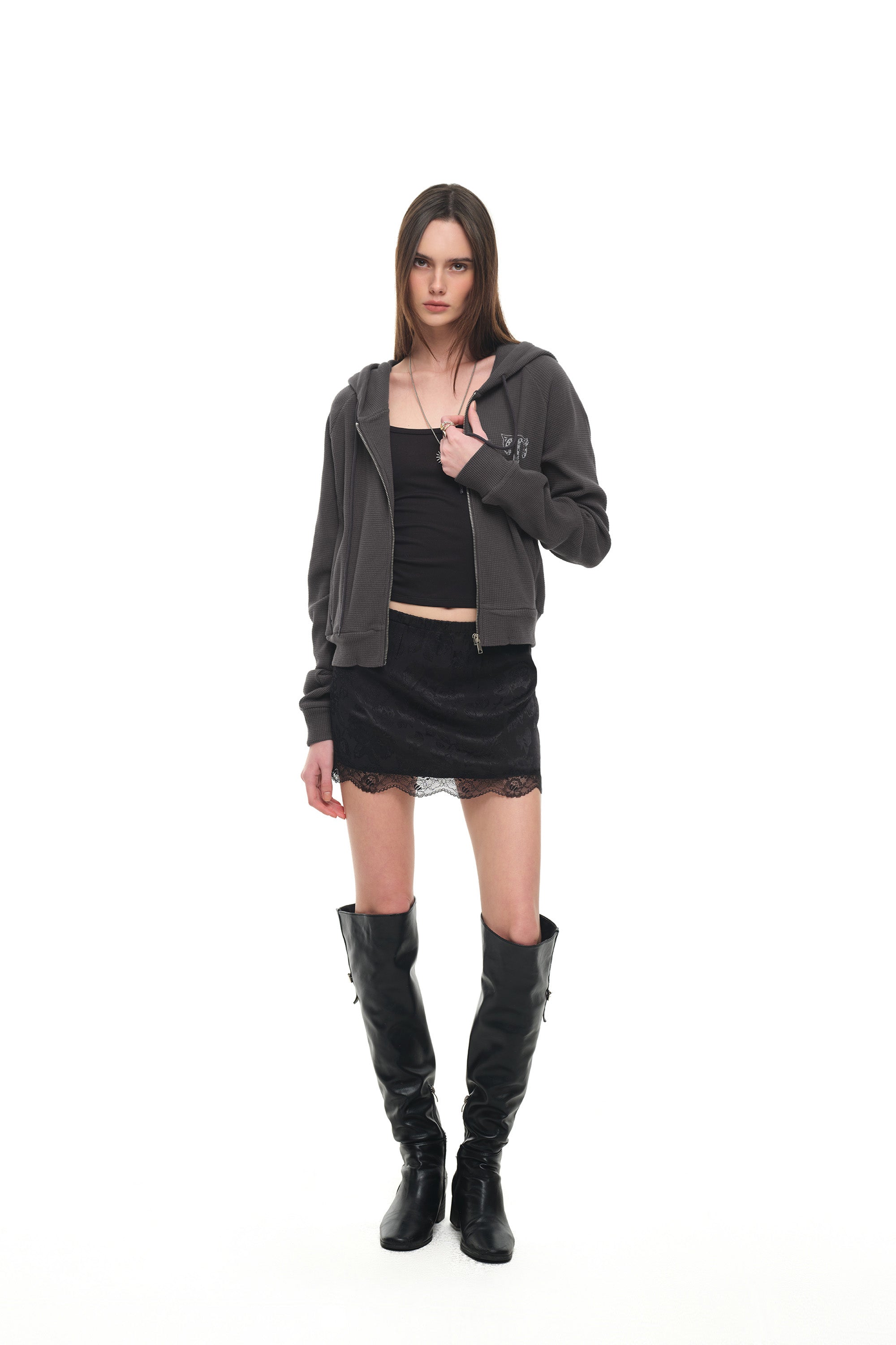 LEO HOTFIX CROP WAFFLE ZIP-UP HOODIE (CHARCOAL)