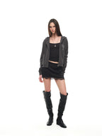 LEO HOTFIX CROP WAFFLE ZIP-UP HOODIE (CHARCOAL)