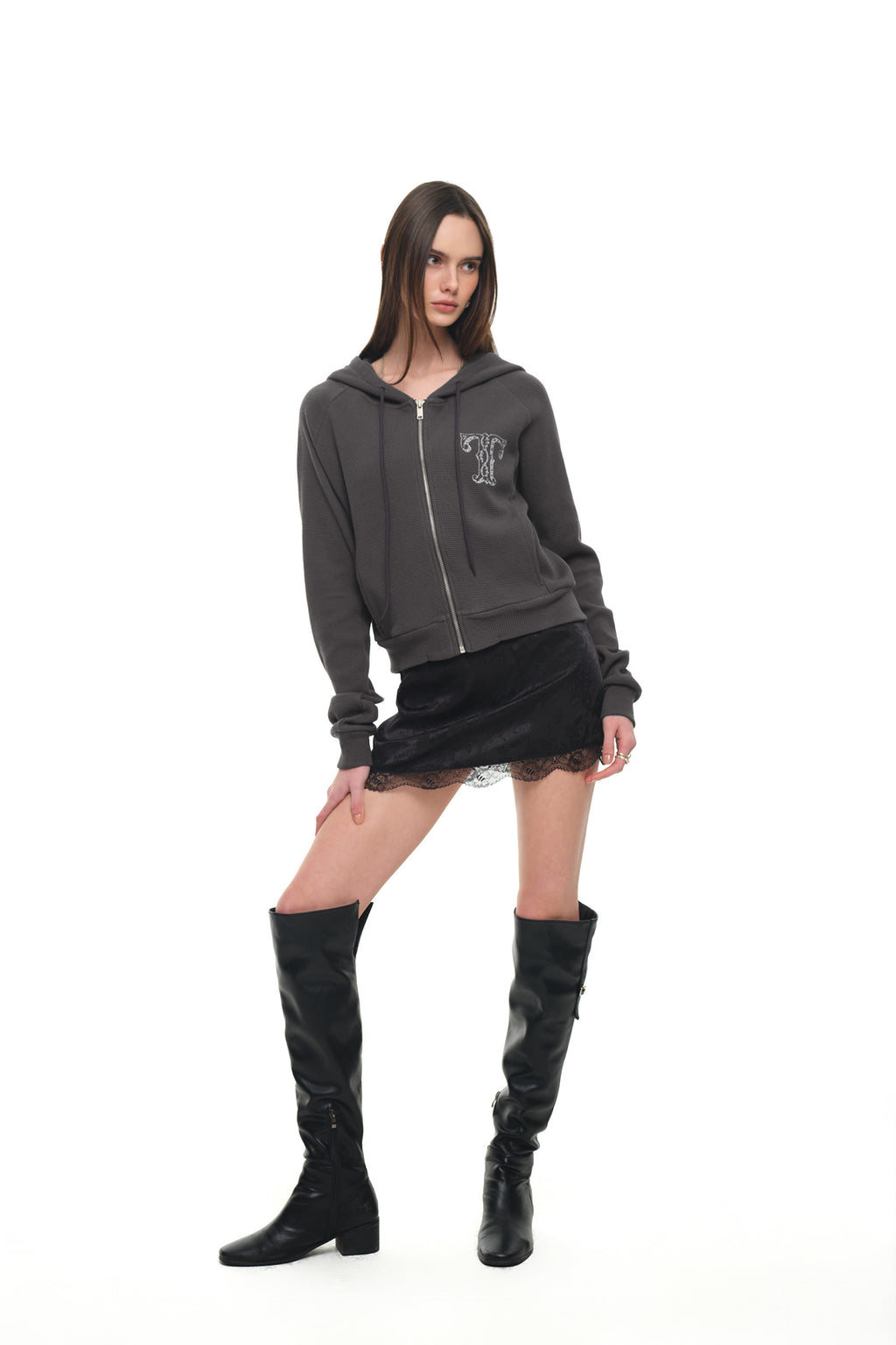 LEO HOTFIX CROP WAFFLE ZIP-UP HOODIE (CHARCOAL)
