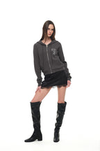 LEO HOTFIX CROP WAFFLE ZIP-UP HOODIE (CHARCOAL)