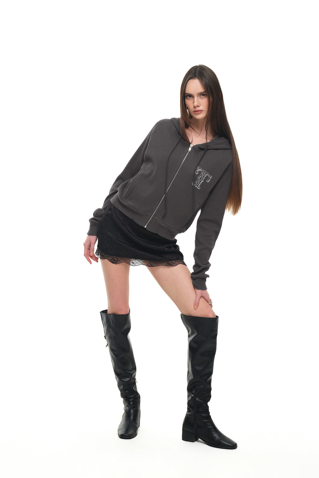 LEO HOTFIX CROP WAFFLE ZIP-UP HOODIE (CHARCOAL)