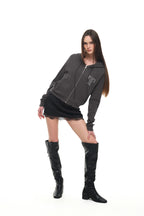 LEO HOTFIX CROP WAFFLE ZIP-UP HOODIE (CHARCOAL)