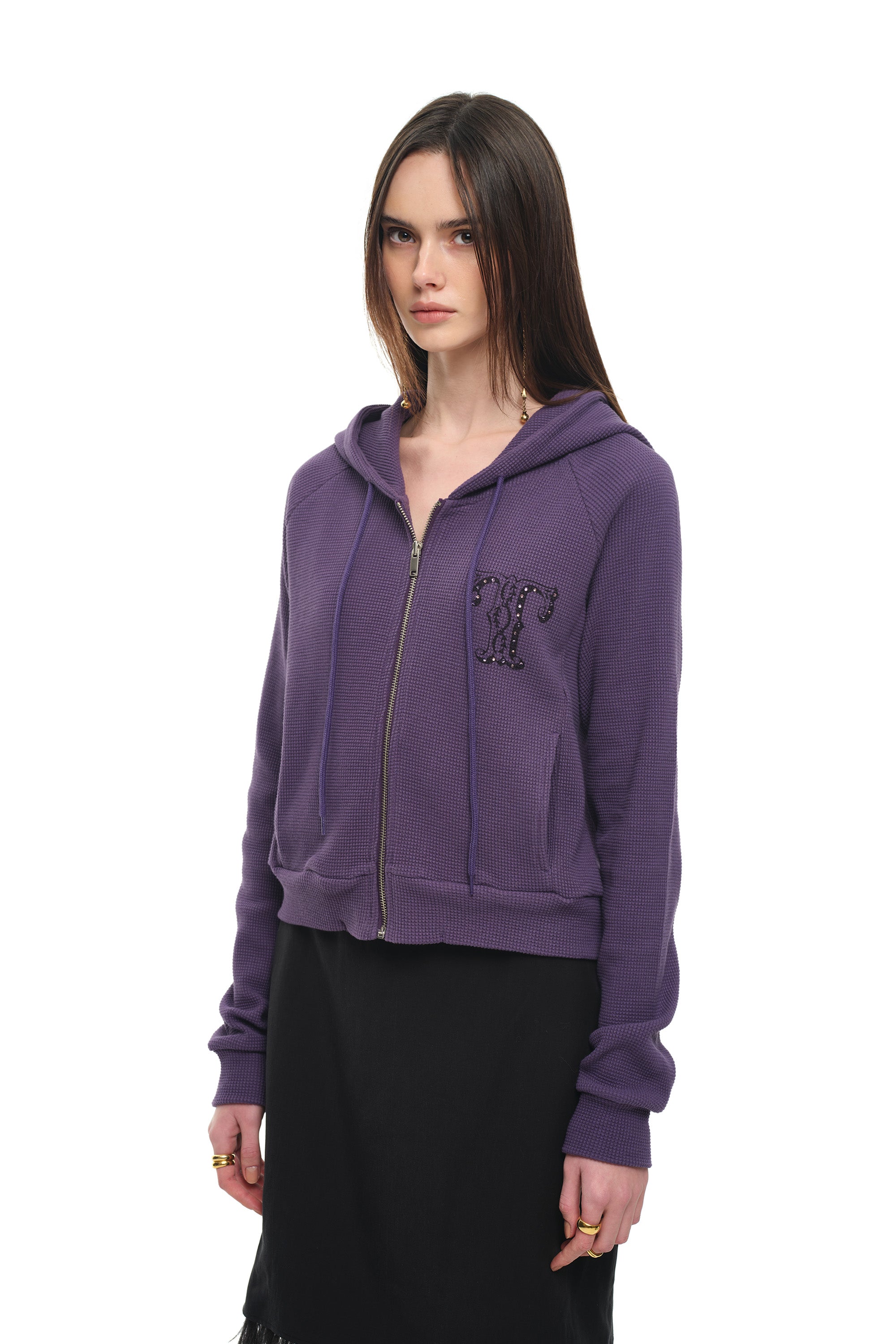 LEO HOTFIX CROP WAFFLE ZIP-UP HOODIE (PURPLE)