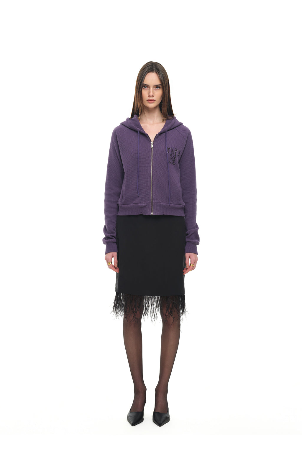 LEO HOTFIX CROP WAFFLE ZIP-UP HOODIE (PURPLE)