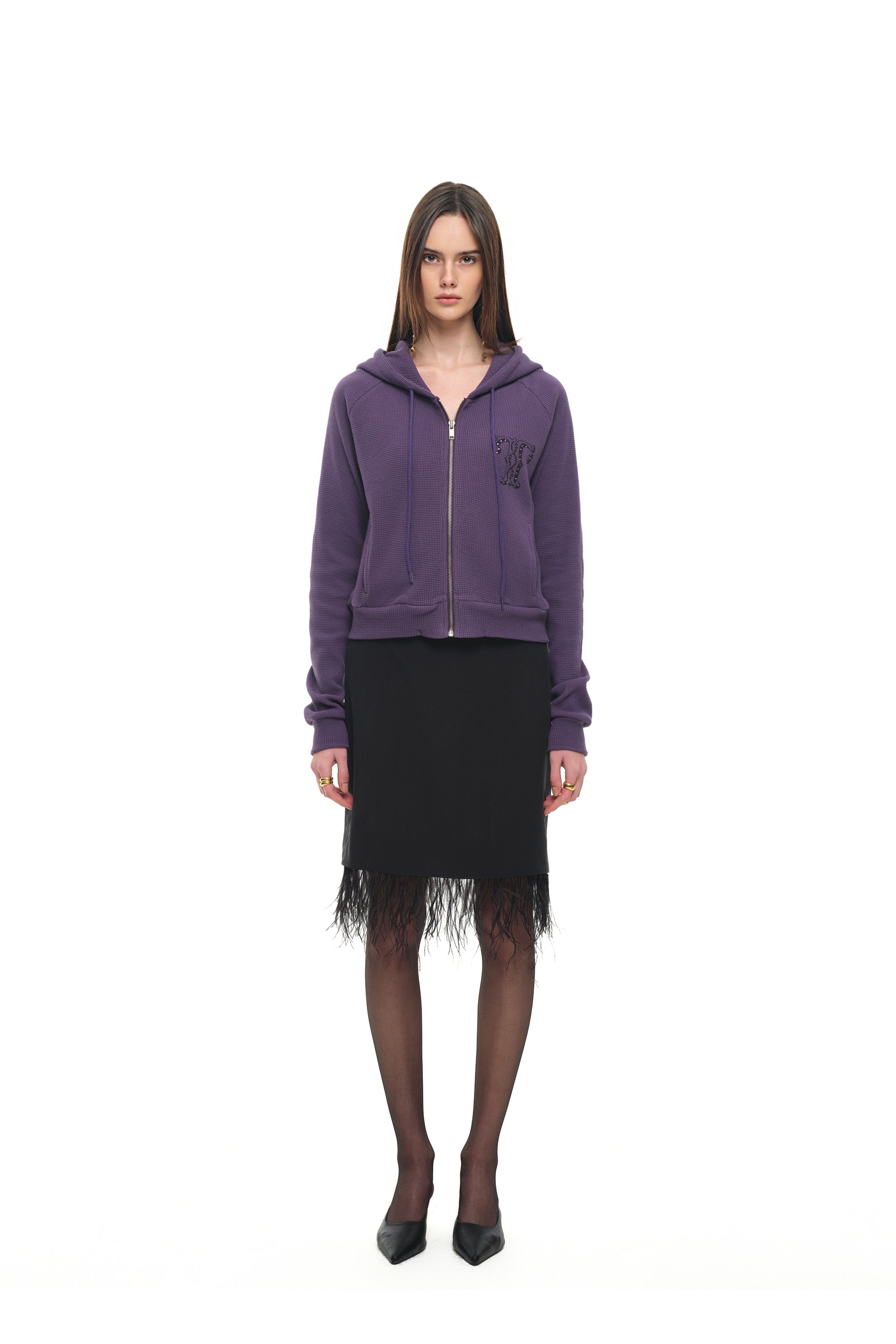 LEO HOTFIX CROP WAFFLE ZIP-UP HOODIE (PURPLE)